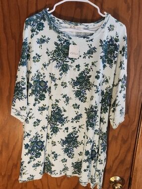 Free People Ivory Floral Knit Top with Blue & Green Print